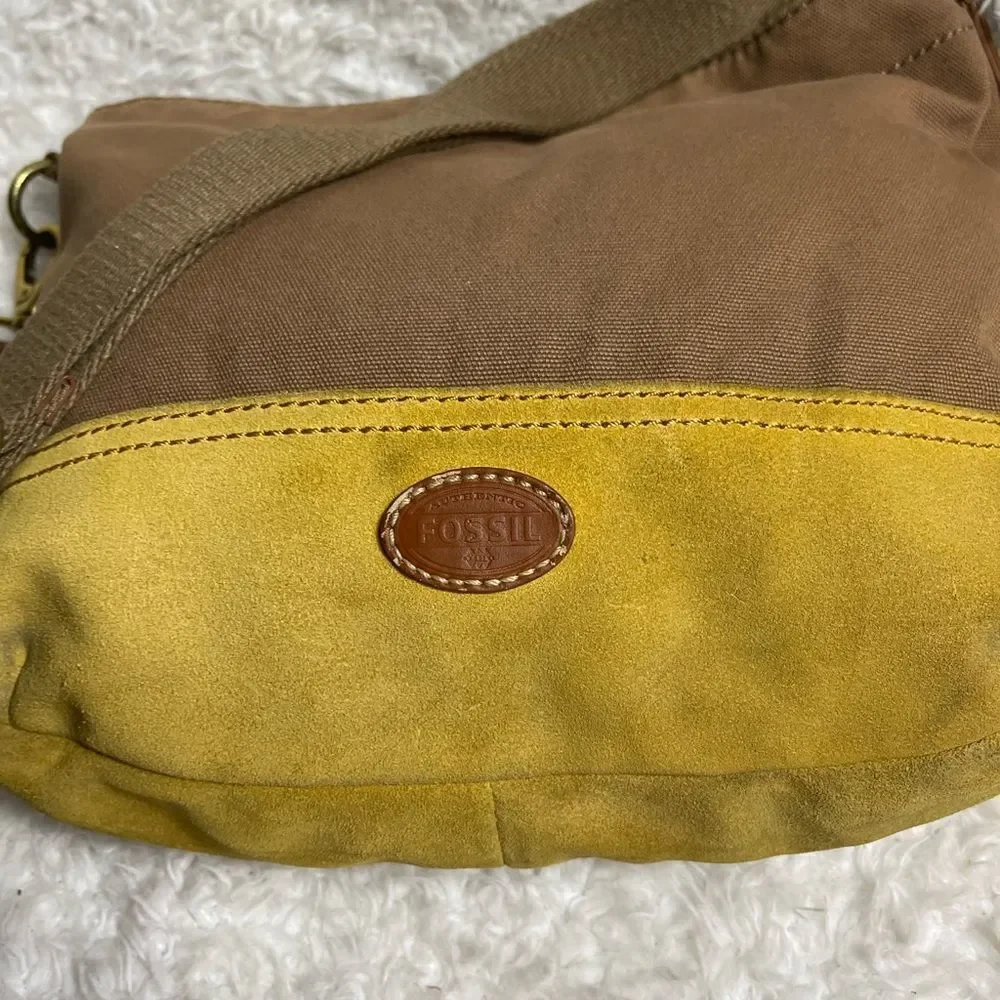 Fossil Brown canvas and yellow mustard suede medium shoulder/crossbody bag .